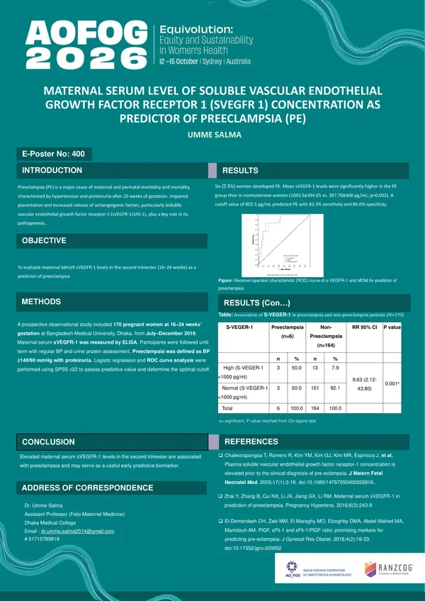 Maternal serum level of soluble vascular endothelial growth factor receptor 1 (sVEGFR 1) concentration as a predictor of preeclampsia (PE)