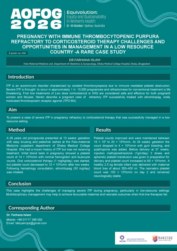 Pregnancy with Immune Thrombocytopenic Purpura Refractory to Corticosteroid Therapy: Challenges and Opportunities in Management in a Low Resource Country- A Rare Case Study