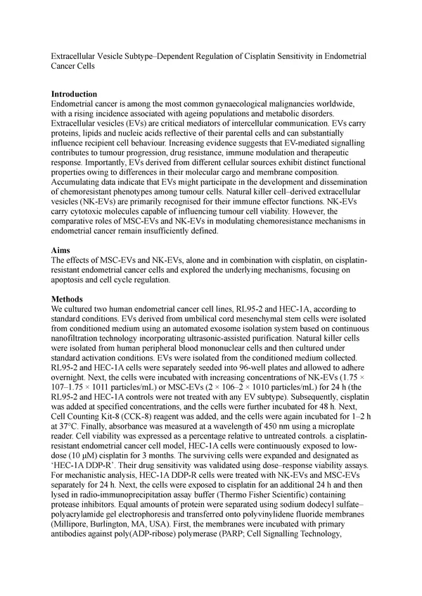 Extracellular Vesicle Subtype–Dependent Regulation of Cisplatin Sensitivity in Endometrial Cancer Cells