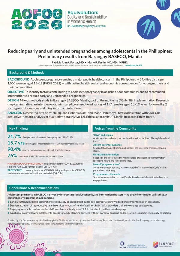 Reducing early and unintended pregnancies among adolescents in the Philippines: Preliminary results from Barangay BASECO, Manila