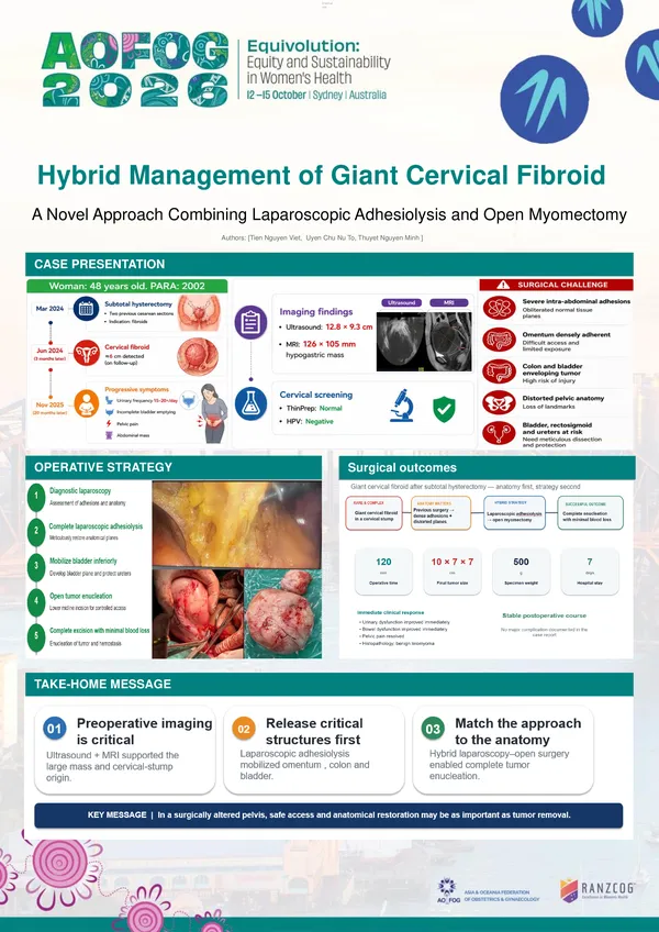 Surgical management of a giant cervical fibroid in a patient with a history of complex pelvic surgery: a novel approach combining laparoscopic adhesiolysis, open myomectomy
